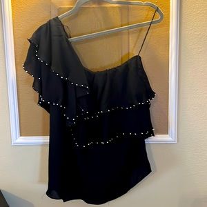 NWT- Lucky Brand black, one shoulder, ruffle blouse with rhinestone detail